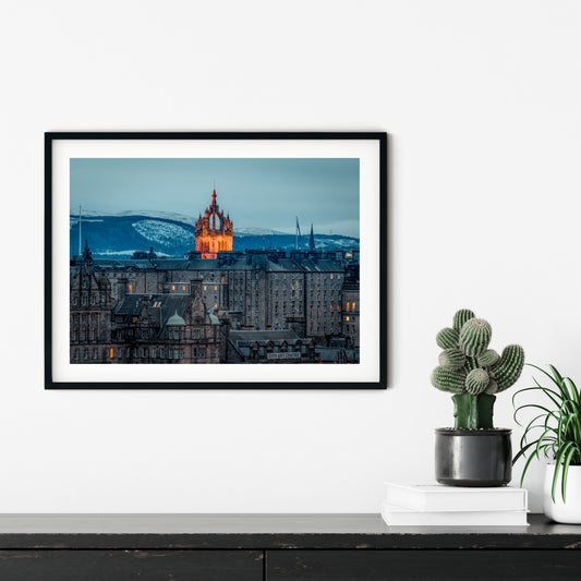 Serene view of St Giles Cathedral from Calton hill signed and mounted print Kunal Tewari Photography