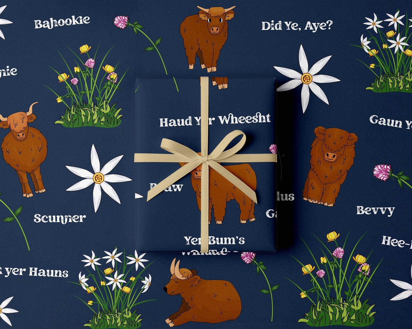 Scottish Slang Highland Coo Gift Wrapping Paper Set of 3 | 50 x 70cm Luxury Gift Wrap | Funny Scottish Gift Wrap | Made in Scotland Kunal Tewari Photography