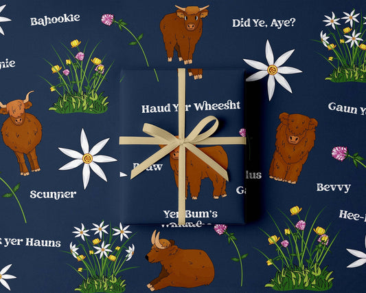 Scottish Slang Highland Coo Gift Wrapping Paper Set of 3 | 50 x 70cm Luxury Gift Wrap | Funny Scottish Gift Wrap | Made in Scotland Kunal Tewari Photography