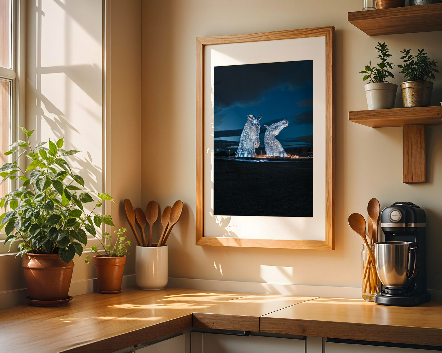 A late night view of the Kelpies signed and mounted print