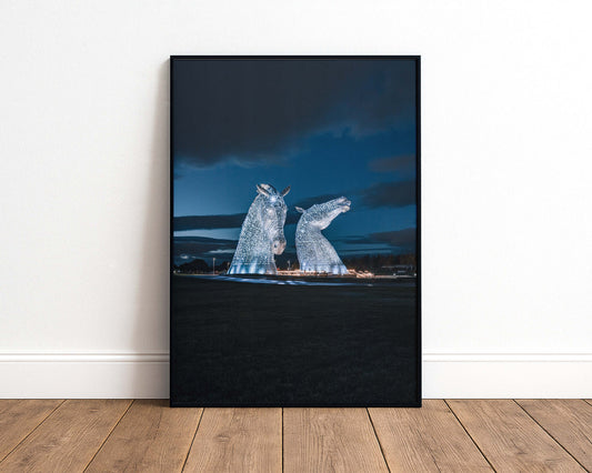 A late night view of the Kelpies signed and mounted print