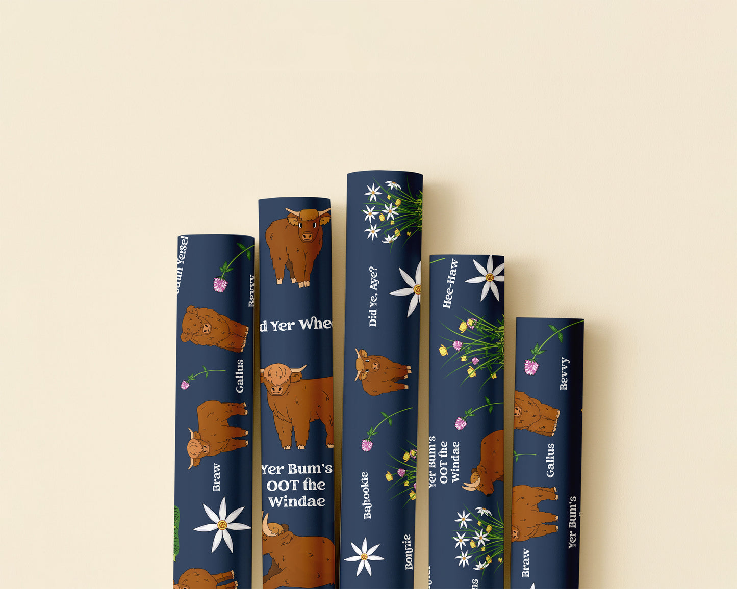 Scottish Slang Highland Coo Gift Wrapping Paper Set of 3 | 50 x 70cm Luxury Gift Wrap | Funny Scottish Gift Wrap | Made in Scotland Kunal Tewari Photography