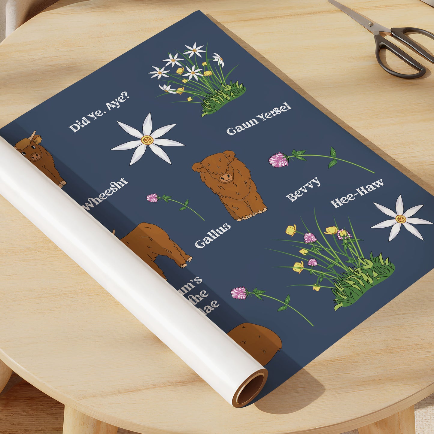 Scottish Slang Highland Coo Gift Wrapping Paper Set of 3 | 50 x 70cm Luxury Gift Wrap | Funny Scottish Gift Wrap | Made in Scotland Kunal Tewari Photography
