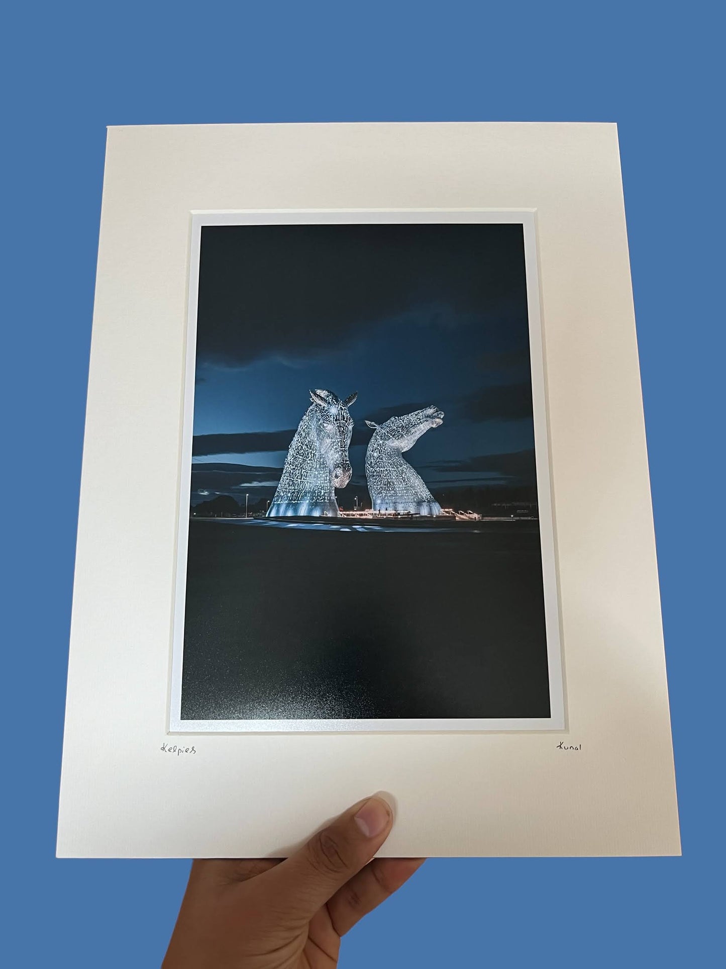 Majestic view of Kelpies at night print