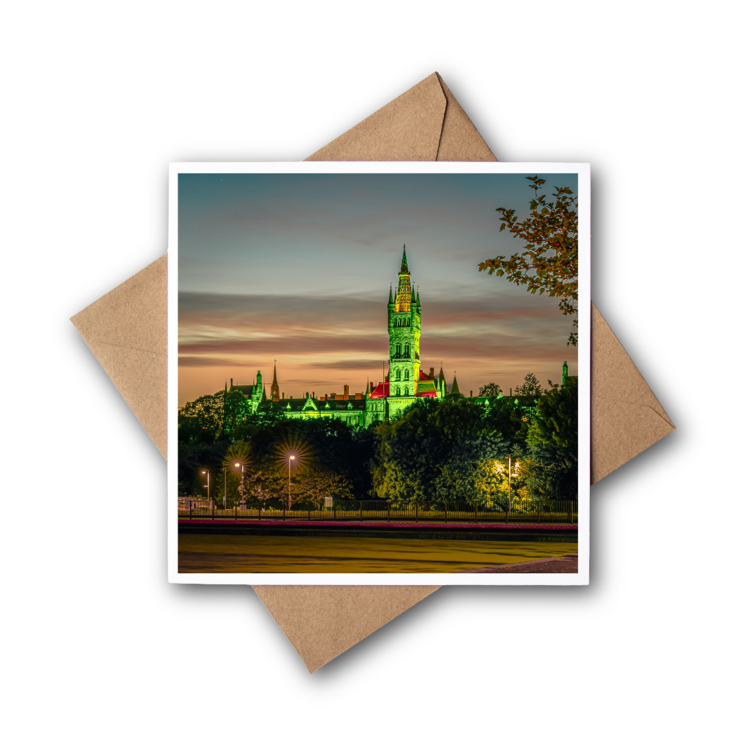 Glasgow university after sunset Greeting Card – Fine Art Photography | 150 × 150 mm Kunal Tewari Photography